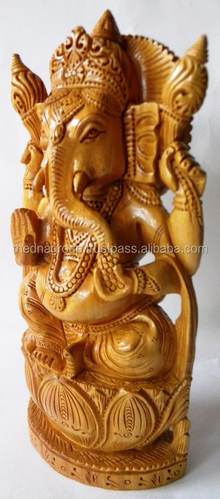 Indian Soft Wood Fine Carving Ganesh Statue - Handcarved Wooden Ganesha Statue - Lucky Desk Decor