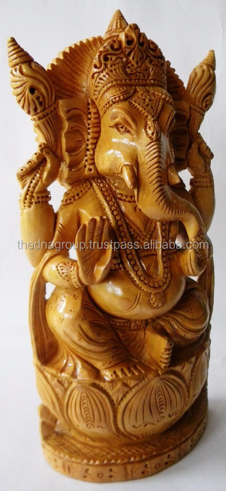 Indian Soft Wood Fine Carving Ganesh Statue - Handcarved Wooden Ganesha Statue - Lucky Desk Decor