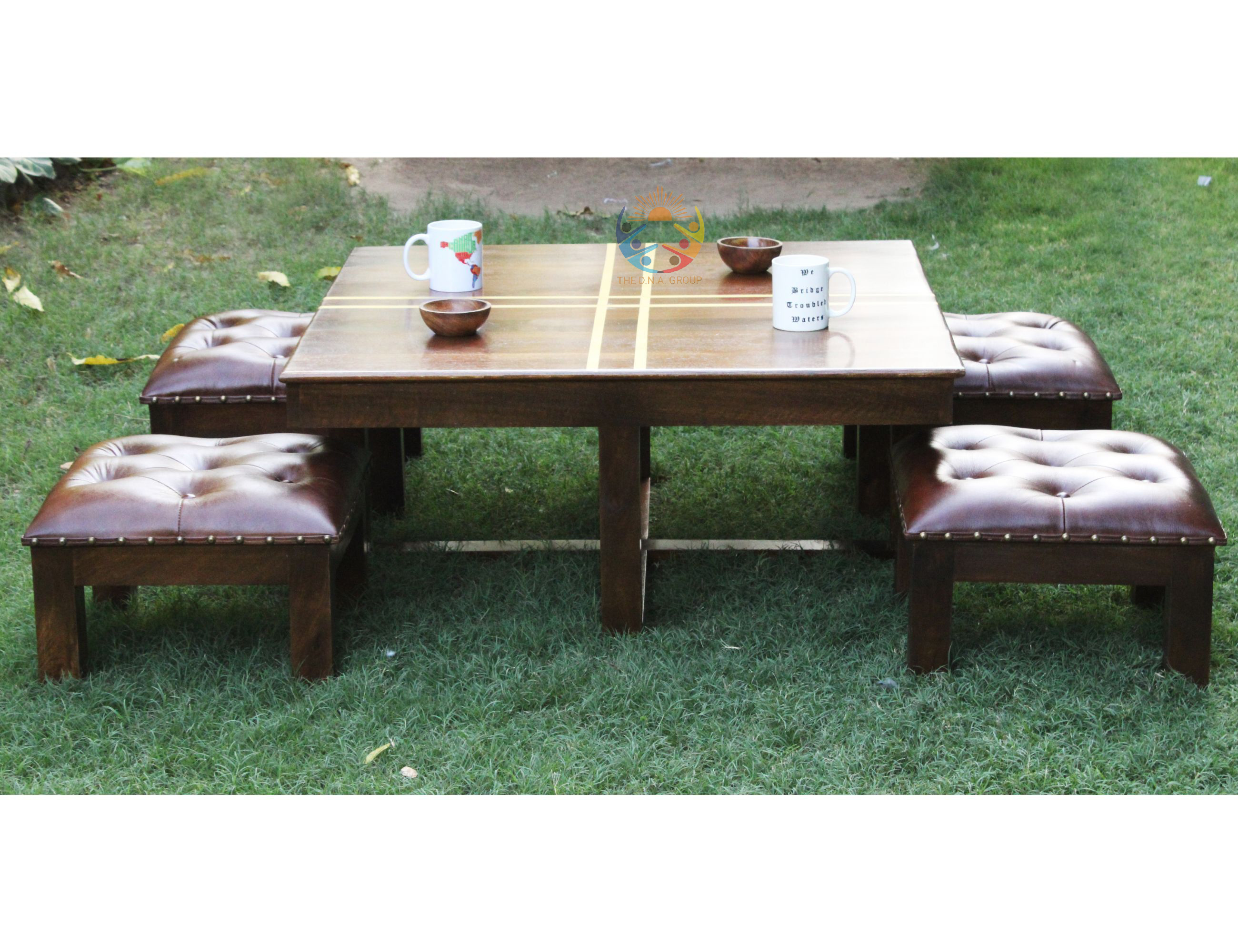 Wooden Square Dining Set Compact Dinner Table Natural Kitchen Desk Low Height India Buffet Bench Minimalist Eco-friendly table