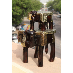 Handmade Wooden Elephant Stool set of 2 Hand carved Brass Fitted Stool Beautiful Design Wooden Stool For Bar and home