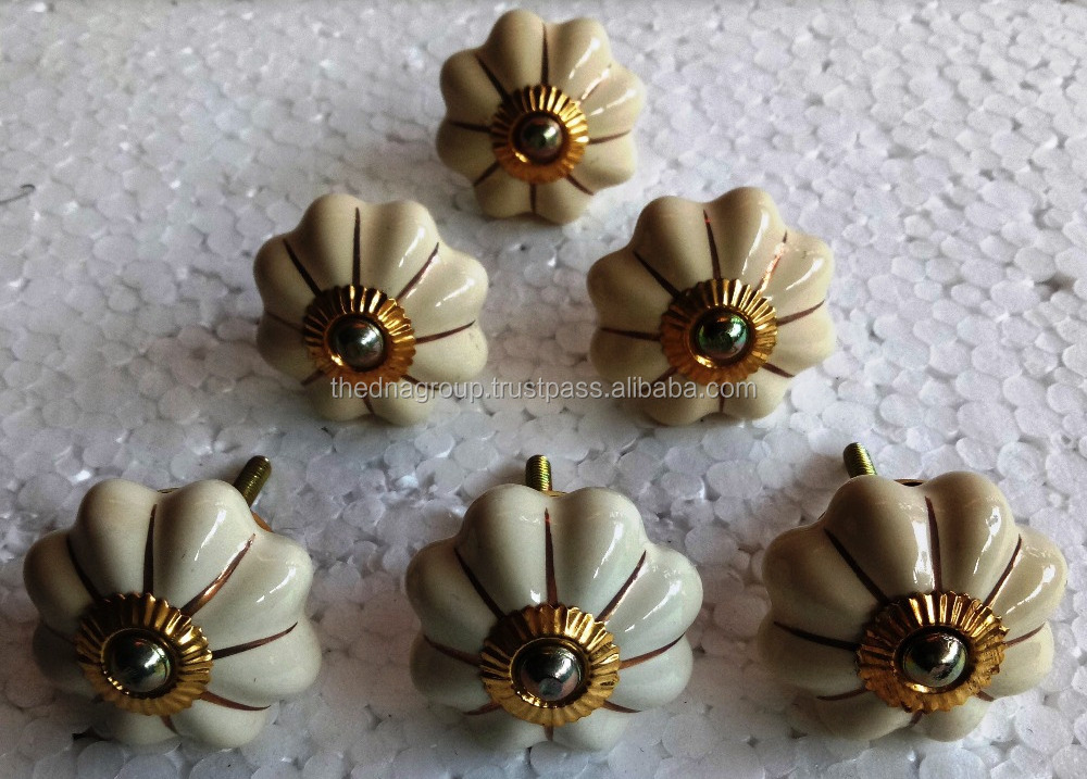 High quality hand painted white and gold pumpkin shape brass fitting fancy ceramic door knob