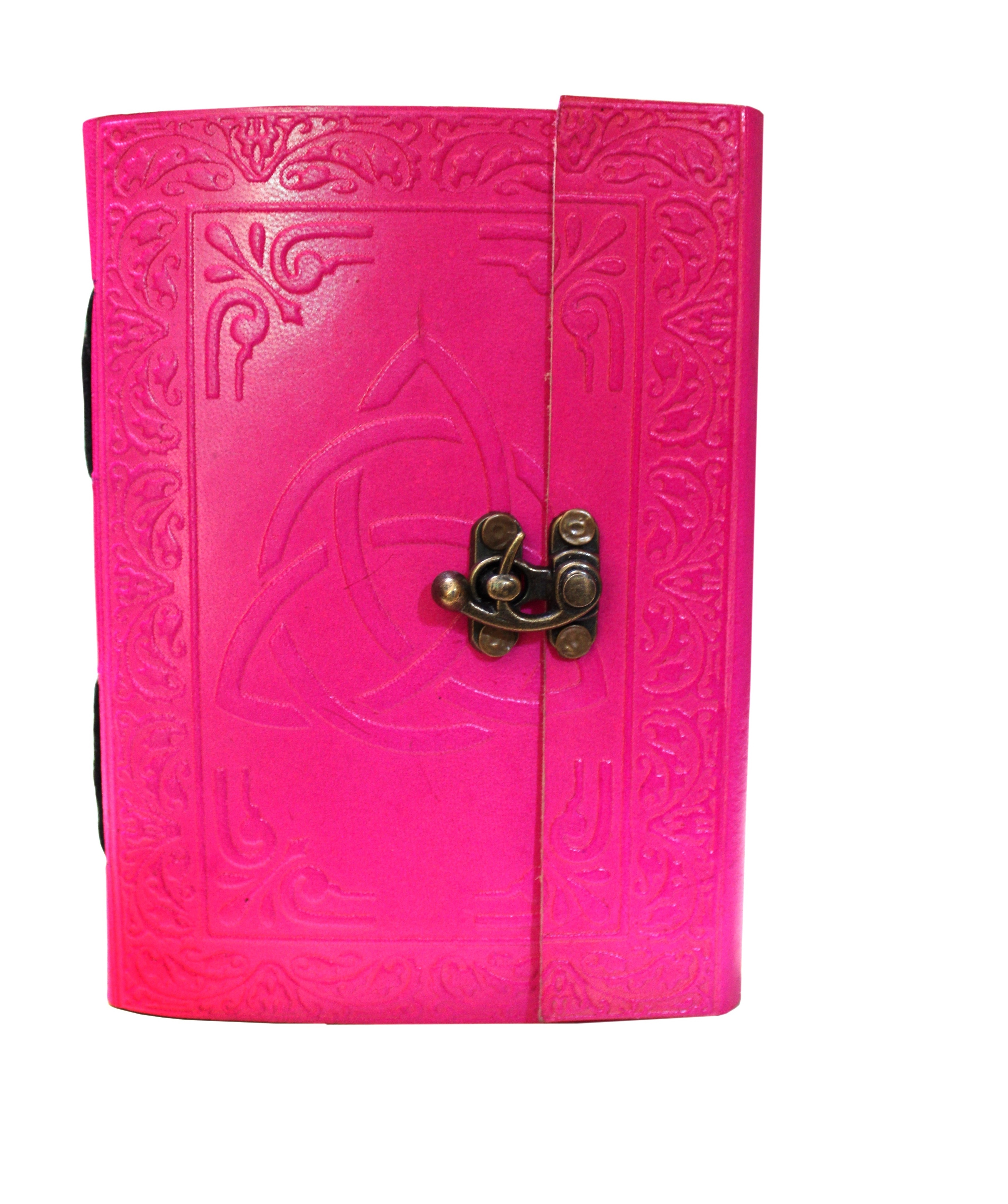 Pink color embossed design unique handmade leather journal with thread closure and buckle lock attached diary 2021