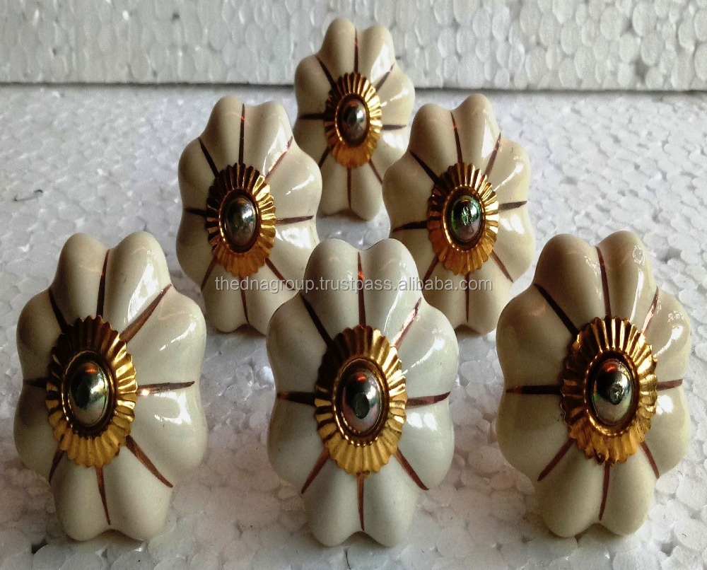 High quality hand painted white and gold pumpkin shape brass fitting fancy ceramic door knob