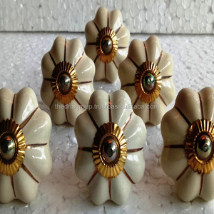 High quality hand painted white and gold pumpkin shape brass fitting fancy ceramic door knob