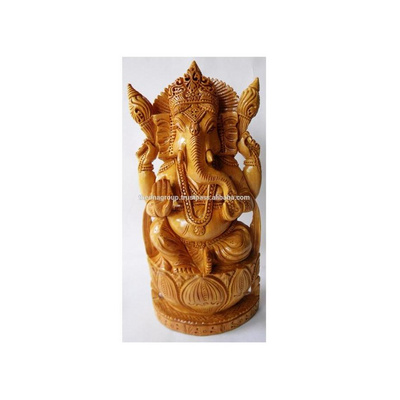 Indian Soft Wood Fine Carving Ganesh Statue - Handcarved Wooden Ganesha Statue - Lucky Desk Decor