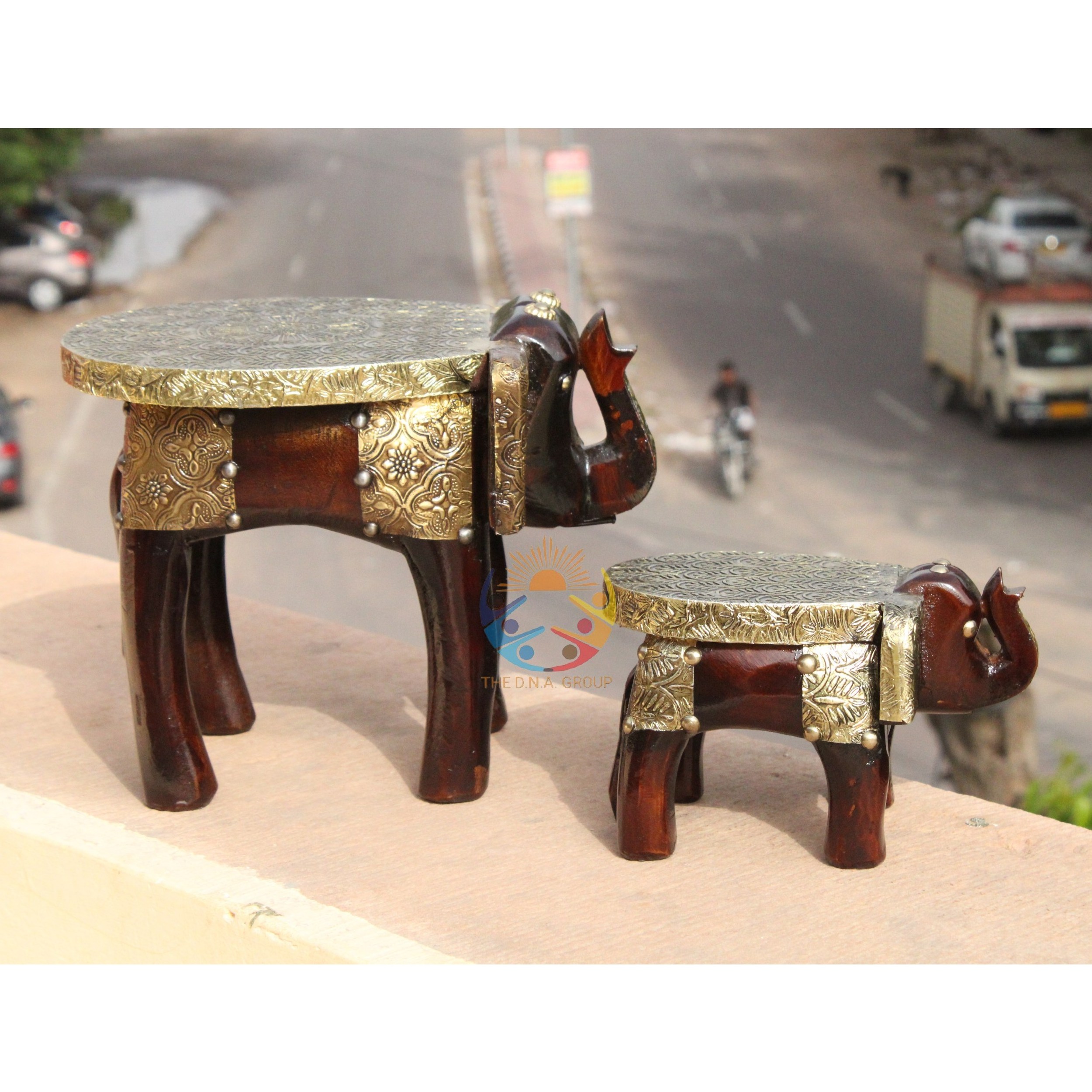 Handmade Wooden Elephant Stool set of 2 Hand carved Brass Fitted Stool Beautiful Design Wooden Stool For Bar and home