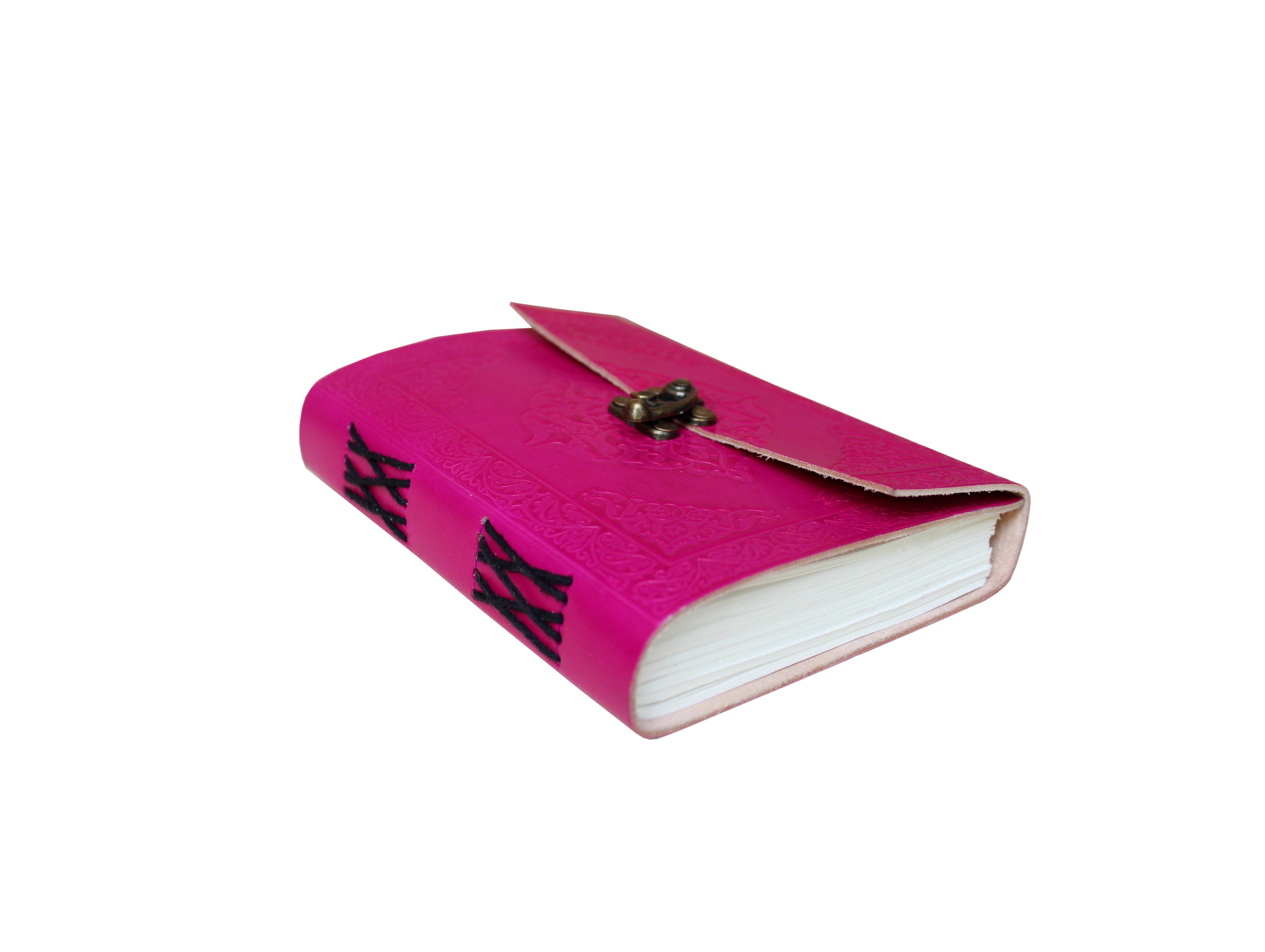 Pink color embossed design unique handmade leather journal with thread closure and buckle lock attached diary 2021