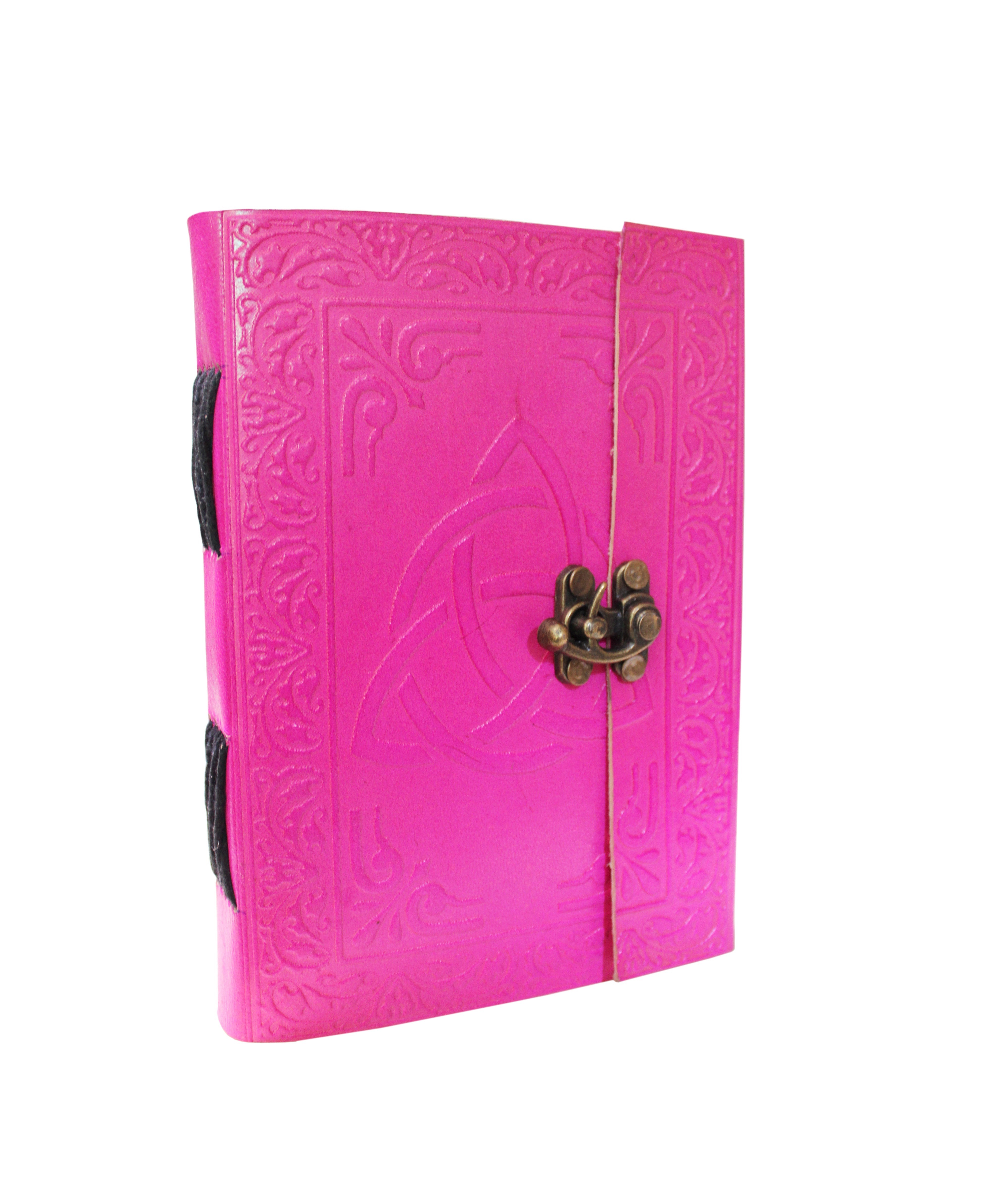 Pink color embossed design unique handmade leather journal with thread closure and buckle lock attached diary 2021