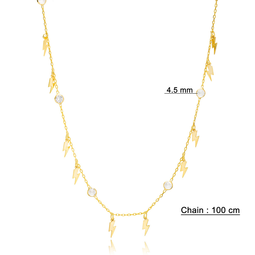 Lightning Design Shaker Zircon Stone Dainty Women Long Chain Necklaces 925 Sterling Silver Jewelry