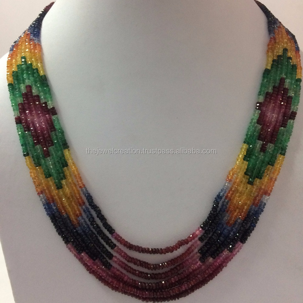 Natural Multi Precious Ruby Emerald Sapphire Stone Beaded Necklace Latest Trendy Fashion Design Wholesale Factory Price Buy Now