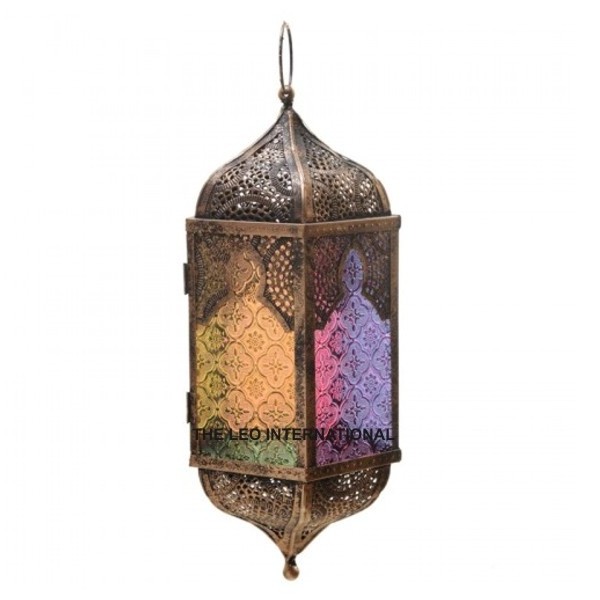 Steel metal embossed glass brown color rustic finish hanging antique Moroccan lantern candle holder 7 X 13 Inch height