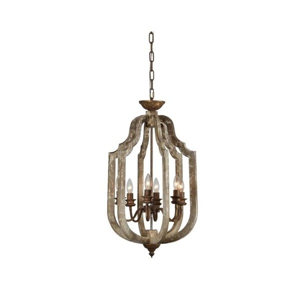 4-Light Weathered Gray and Distressed Oak Hall-Foyer Rustic Farmhouse Hanging Pendant chandelier 16X16X16 Inch lighting decor