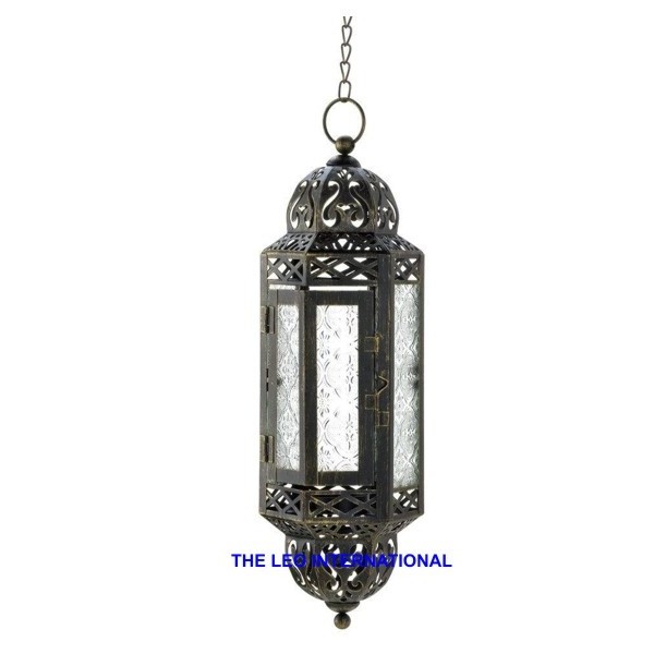 Steel metal embossed glass brown color rustic finish hanging antique Moroccan lantern candle holder 7 X 13 Inch height