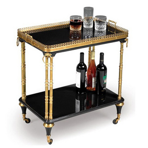 Vintage golden metal Rolling Bar Cart with black glass decorative luxury stainless steel Serving Cart Trolley