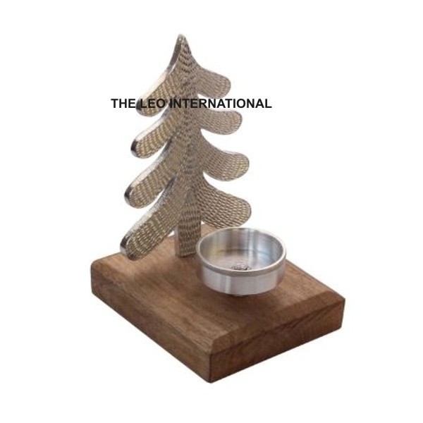 Aluminum metal raw nickel plated and mango wood Christmas candle holder 4X5X5 Inch Christmas decoration Festival gifts