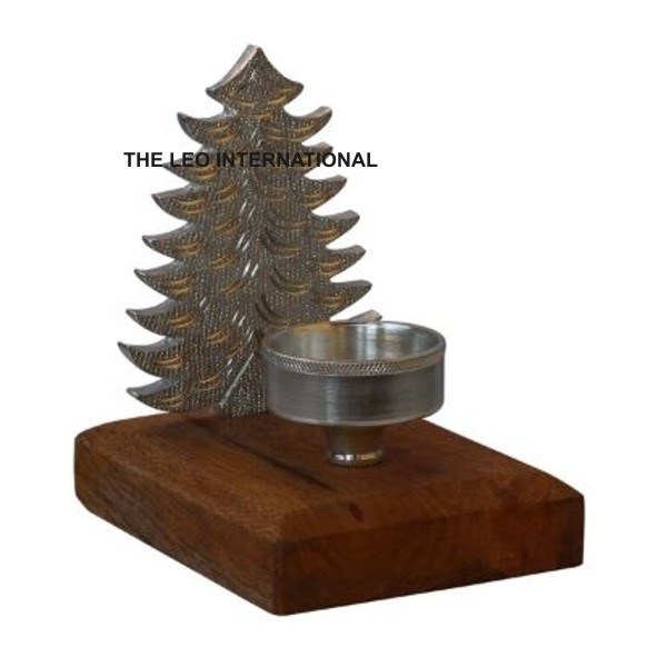 Aluminum metal raw nickel plated and mango wood Christmas candle holder 4X5X5 Inch Christmas decoration Festival gifts