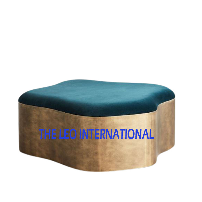 Lily brass satin matte brushed finish contemporary Upholstered Ottoman coffee table 30X30X18 Inch blue futuristic furniture