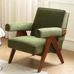 ATUNUS Mid-Century Reading Room Accent Chair Upholstered Wooden Lounge Arm Velvet Chair Fabric Single Chair Furniture