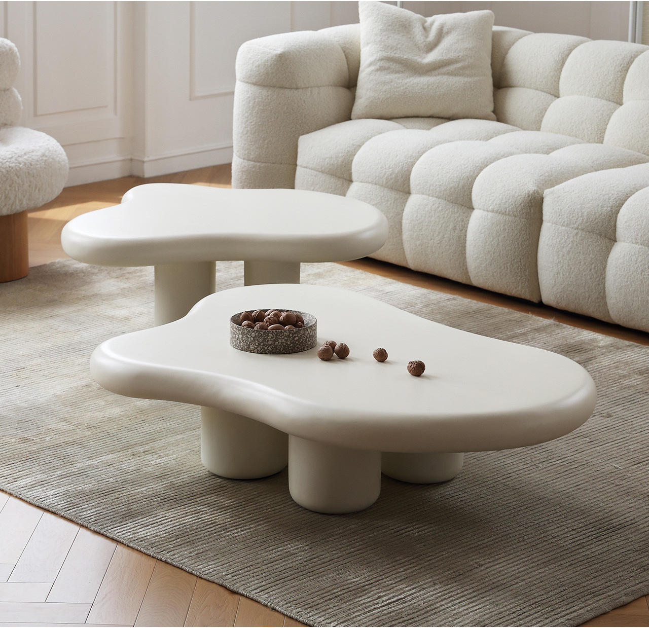 ATUNUS Minimalist Living Room Space Saving Abstract White Irregular Special Cloud Shape Low Wooden Unique Coffee Table