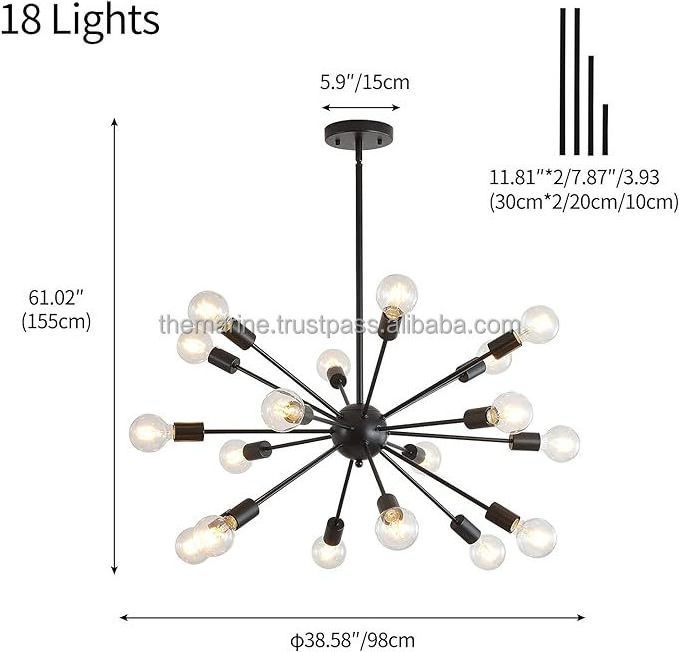 Mid Century Sputnik Chandeliers 18 Lights Modern Semi Flush Mount Ceiling Light Industrial Retro Hanging Lamp(Bulb Not Included)