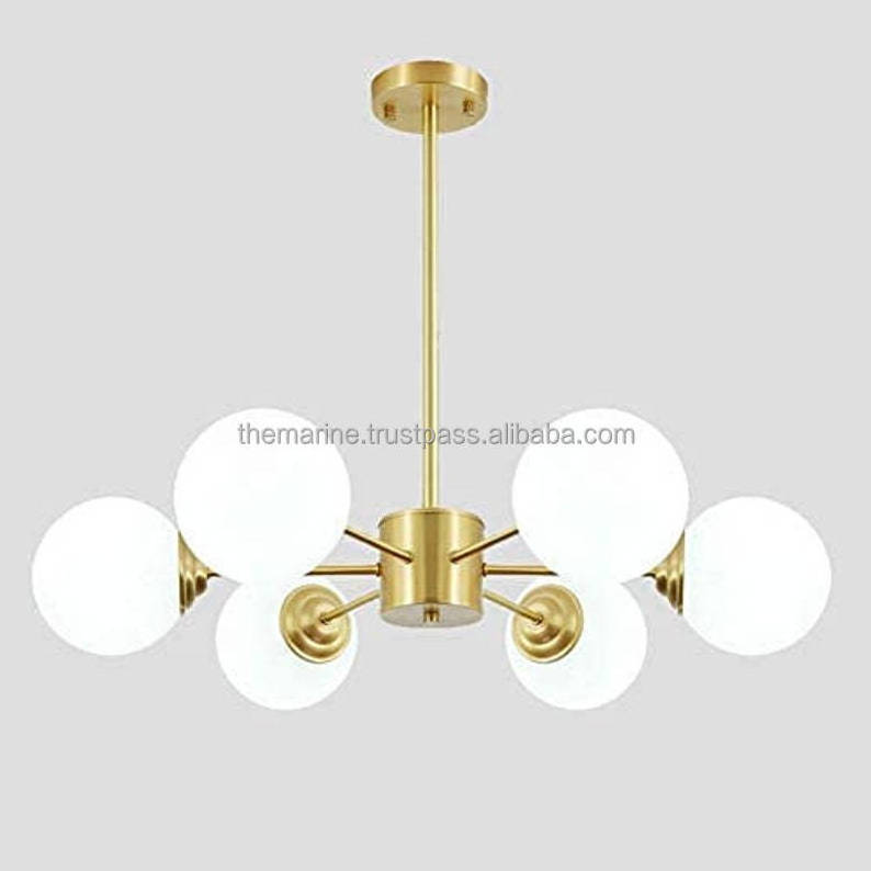 6 Lights Globe Sputnik Chandelier Milk Glass Modern Gold Industrial  Mid Century Ceiling Light Fixture Pendent Lighting For Home