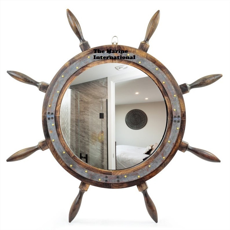 Marine Antique Mirror Ship Wheel with Iron Bent Strip Premium Rustic Bathroom Wall Hanging Decor Vintage Gifts Ideas