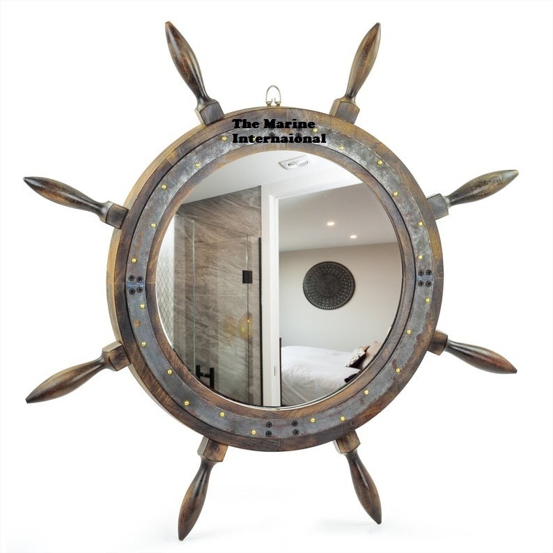 Marine Antique Mirror Ship Wheel with Iron Bent Strip Premium Rustic Bathroom Wall Hanging Decor Vintage Gifts Ideas