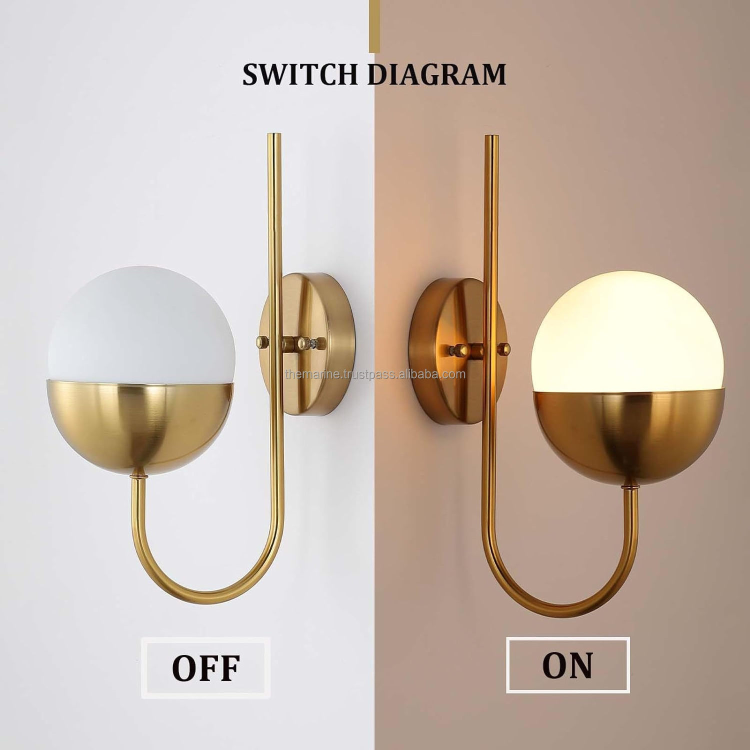 Brass Gold  Mid Century Modern Wall Sconce with Frosted Glass Shade Wall Mount Light Fixture for Bathroom Kitchen Bedroom