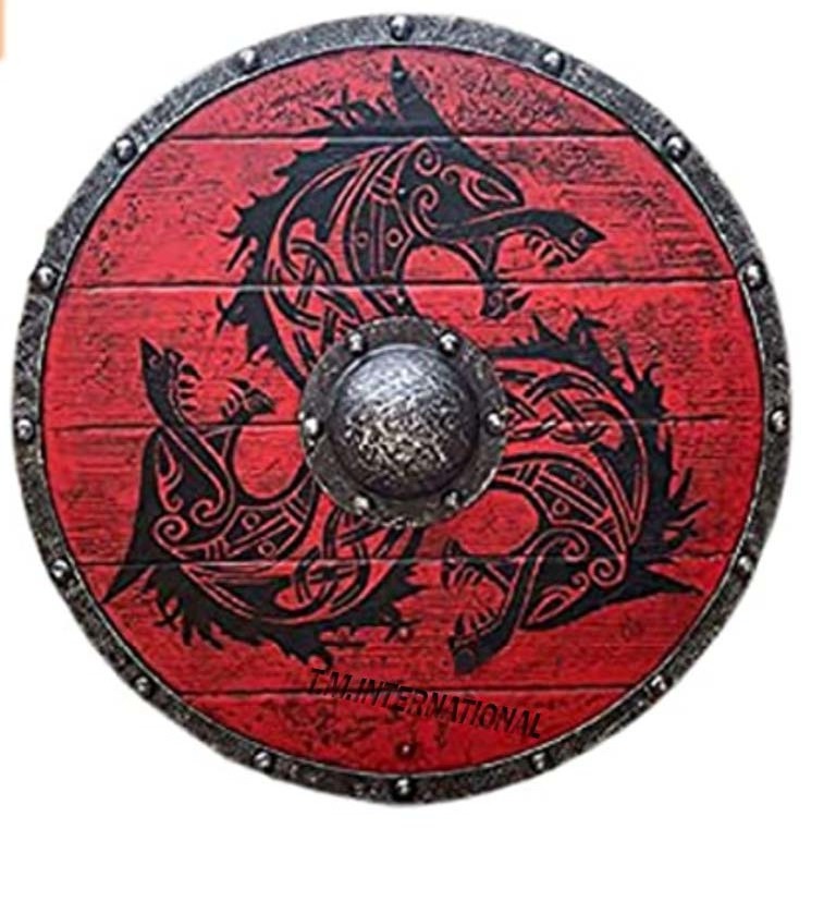 Medieval Roman Round Shield Parma Knight Templar Armor 24''Shield Round Plaque Red Wooden Shield Unique Dragon Design Shield.