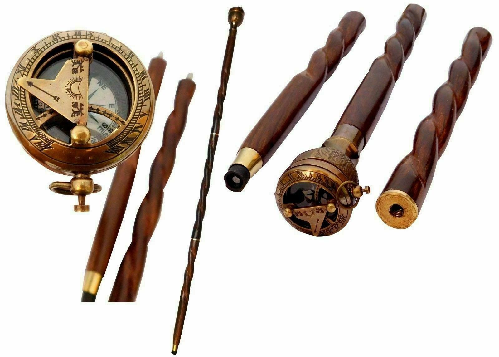 36 inches Antique Brass Sundial Compass Handle With Wooden Walking Stick Three Foldable Camping Hiking Walking Stick