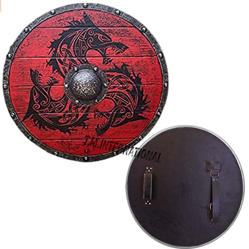 Medieval Roman Round Shield Parma Knight Templar Armor 24''Shield Round Plaque Red Wooden Shield Unique Dragon Design Shield.