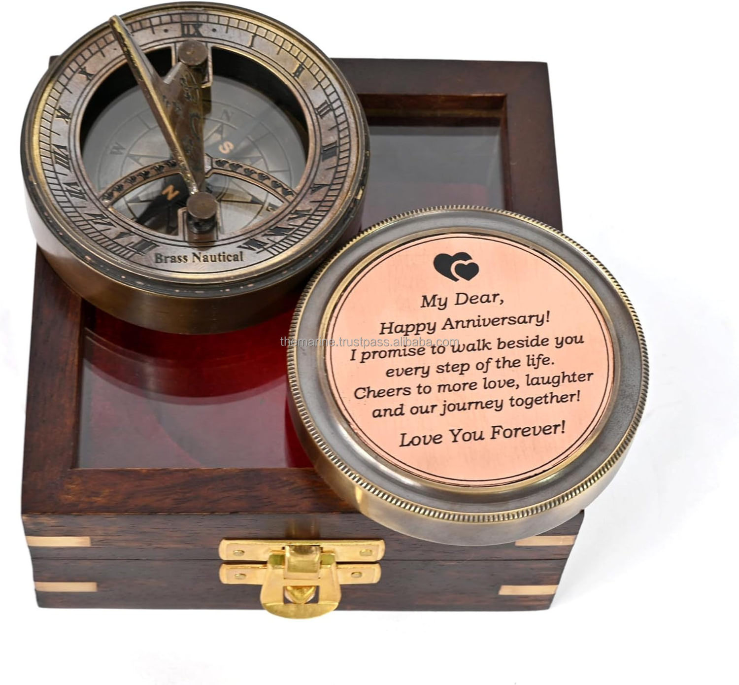 Nautical Brass Engraved Sundial Compass With Wooden Box Anniversary Sundial Clock Unique Gift for Him or Her  Husband or Wife