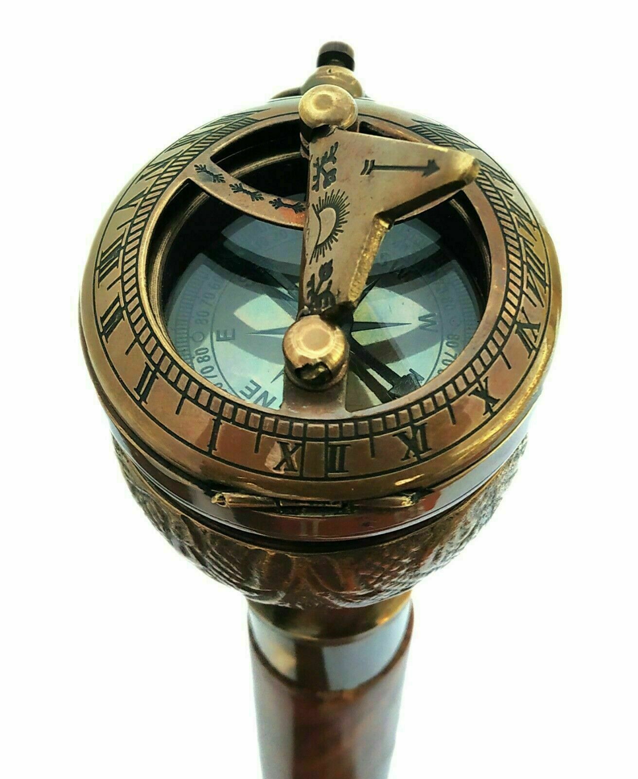 36 inches Antique Brass Sundial Compass Handle With Wooden Walking Stick Three Foldable Camping Hiking Walking Stick