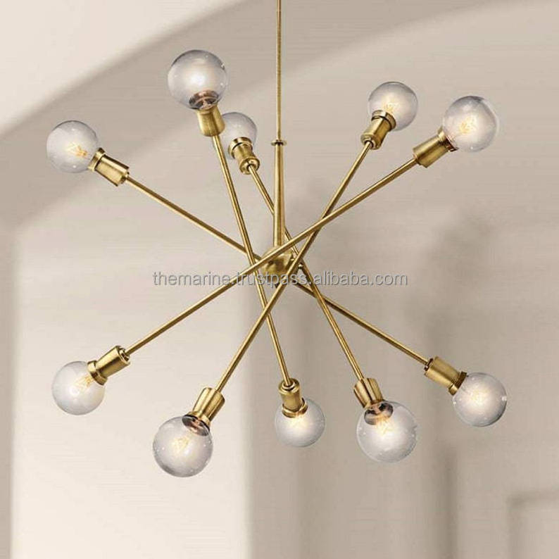 Modern 10 Light Sputnik Chandeliers Brushed Brass with Adjustable Arms Metal Kitchen Light Fixtures Gold Mid Century Pendant