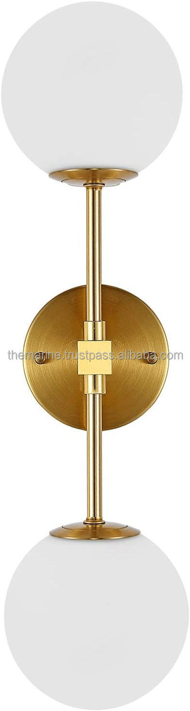 Modern Brass Wall Sconce 2-Lights Industrial Mid Century Bathroom Vanity Wall Hanging Light with White Globe Glass Lampshade