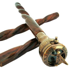 36 inches Antique Brass Sundial Compass Handle With Wooden Walking Stick Three Foldable Camping Hiking Walking Stick