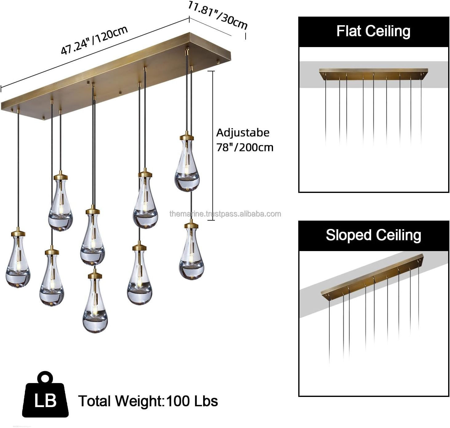 Raindrop 9Light Chandelier Dining Room Gold Light Fixture Over Table Brass Pendant Adjustable Rope Teardrop Hanging Ceiling Lamp