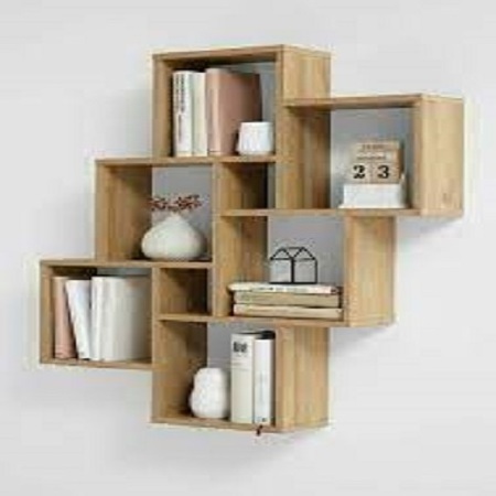 Stylish wooden wall shelf stands Home  Decorative installation shows the organization shelf for living room bedroom dinning room