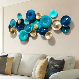 Large Metal Wall Decor For Home Hotel Restaurant Living Room Decoration Gold & Blue Color Circle Design Wall Mounted Hanging Art