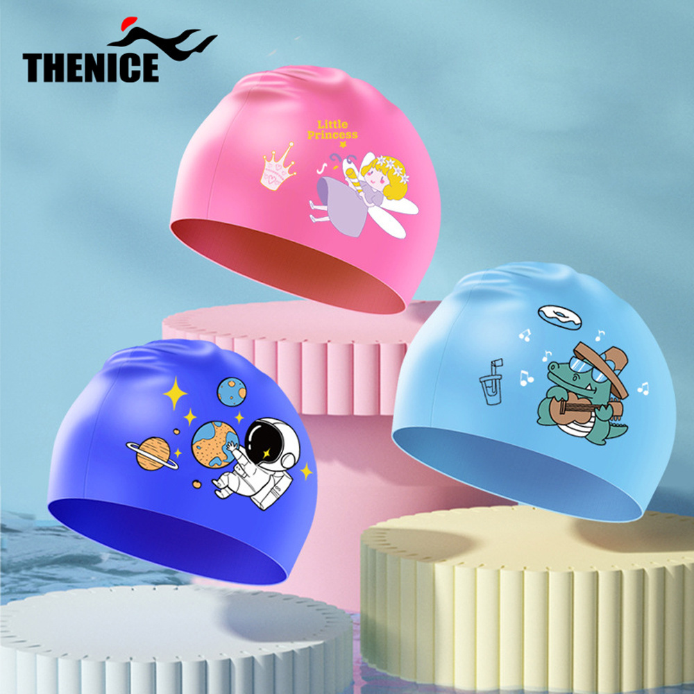 Custom Funny Cute Cartoon Waterproof  Kids Swim Cap Silicone Swimming Caps For Kids Girls Long Hair