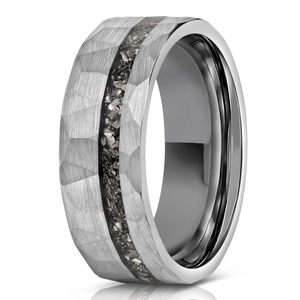 MENS HAMMERED TUNGSTEN CARBIDE RING- SILVER WITH METEORITE- 8MM