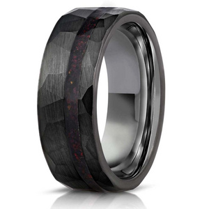 HAMMERED TUNGSTEN CARBIDE RING BLACK RED OPAL STRIP