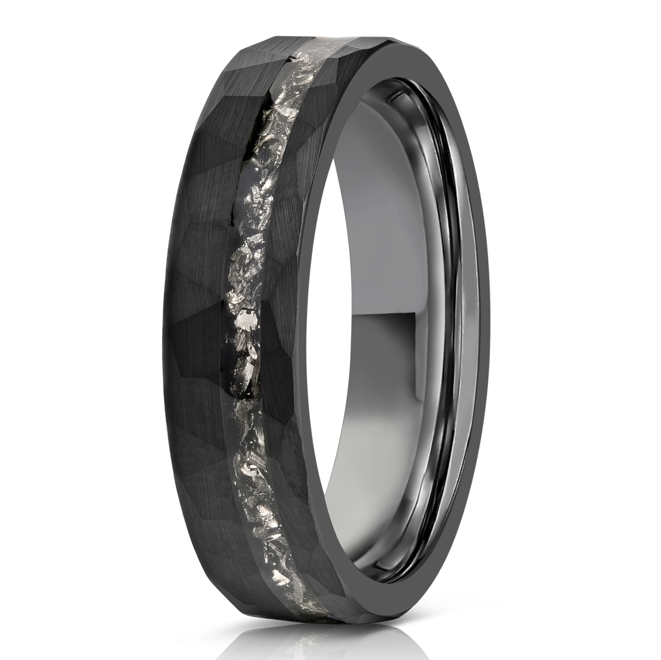 MENS HAMMERED TUNGSTEN CARBIDE RING- SILVER WITH METEORITE- 8MM