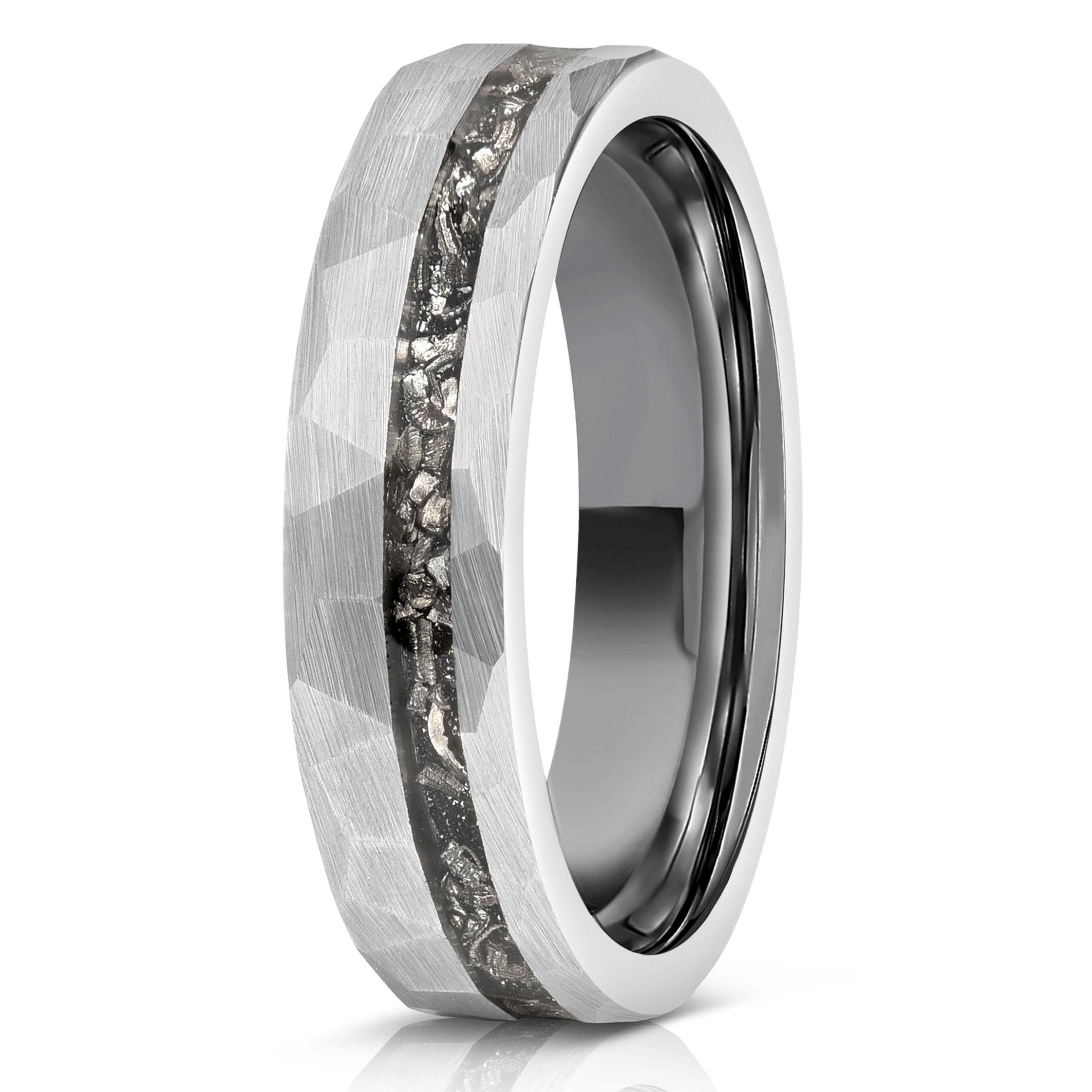 MENS HAMMERED TUNGSTEN CARBIDE RING- SILVER WITH METEORITE- 8MM