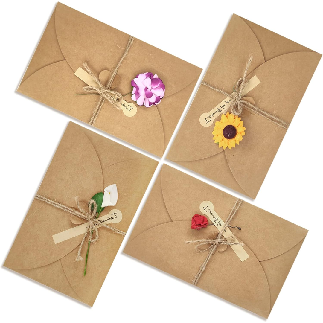 Assorted Kraft Greeting Card 4 Floral Designs of Dried Flowers Greeting Cards with Envelopes Stickers and Twine Blank Note Cards