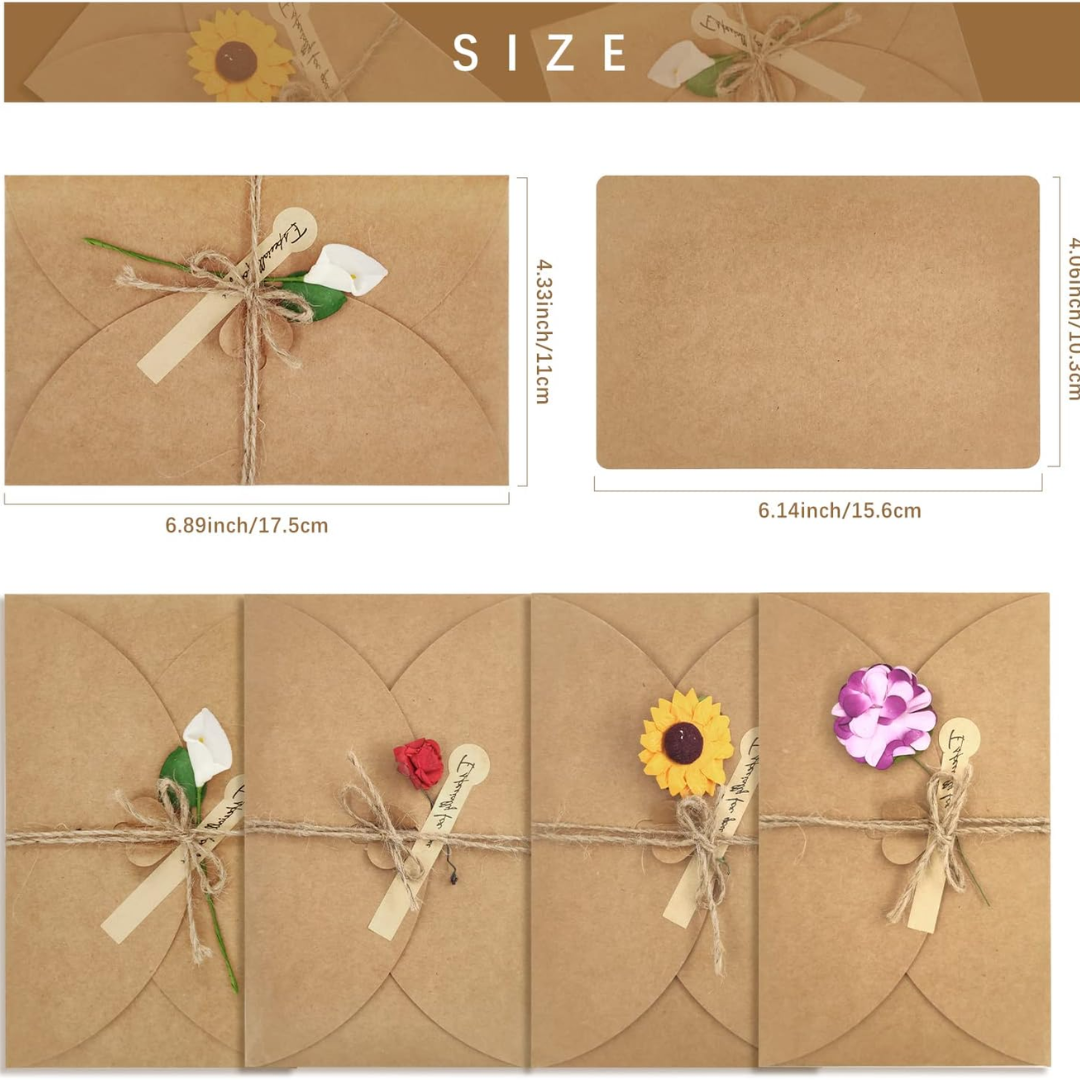 Assorted Kraft Greeting Card 4 Floral Designs of Dried Flowers Greeting Cards with Envelopes Stickers and Twine Blank Note Cards