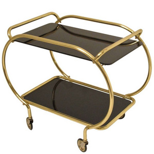 High Quality Stainless steel Golden finished food serving trolley With black Glass Slaves Customize Hotel Food Serving cart