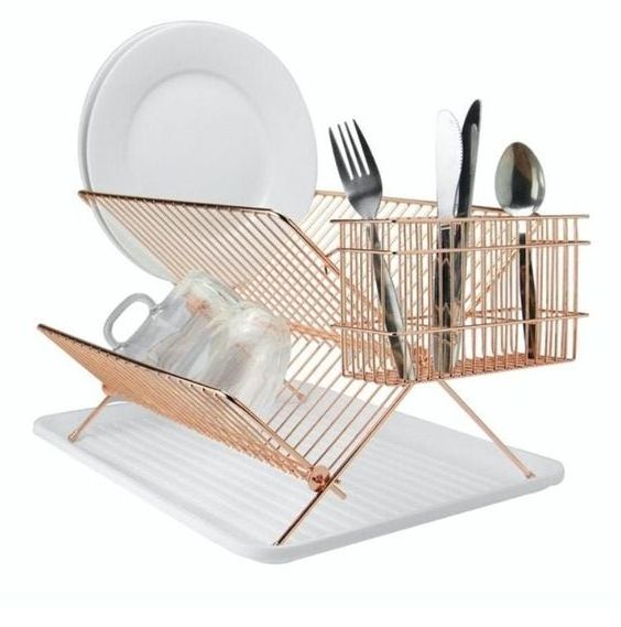 New Folding Design Copper Fineshed Metal wire Shelf Dish Kitchen Metal Storage Rack Wall mounted Kitchen Tool Rack