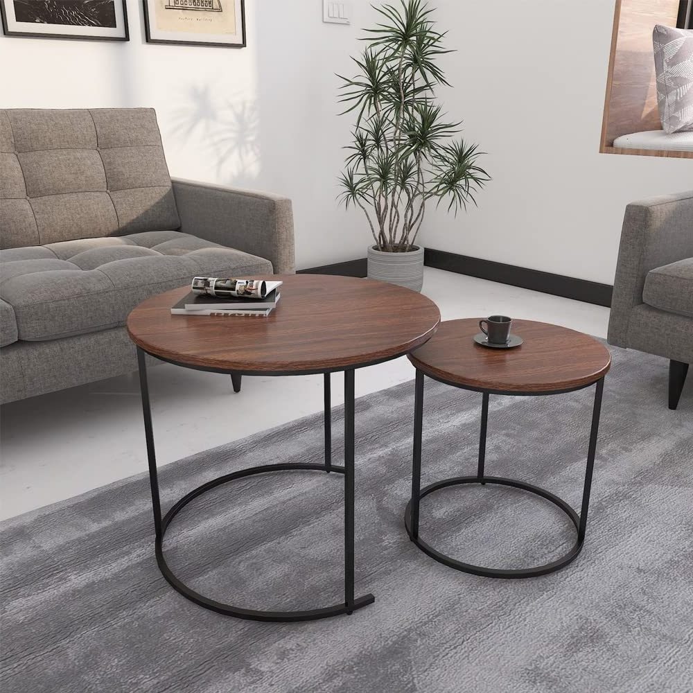 Share Round Nesting Coffee Table Set of 2 Stacking End Side Table with Metal Frame Sofa Tea