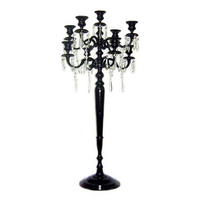 Amazing Candelabra Glossy Black Finishing T Light Candle Holder With hanging Crystal Design 5 Arms Candle Holder Stand For Sale